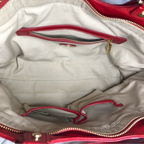 Tory Burch Bombe Tote Bag Glazed Leather Shoulder Bag Red Handbag Purse - Picture 10 of 16